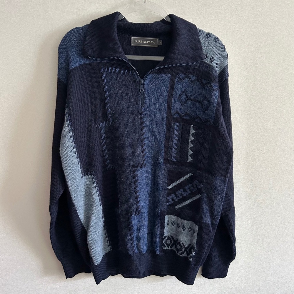 Pure Alpaca Quarter Zip Sweater Blue M Patchwork Baby Alpaca Made in Peru